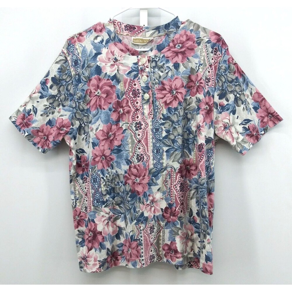 Season Ticket Shirt Women's Size L Pink Floral Short Sleeve Blouse